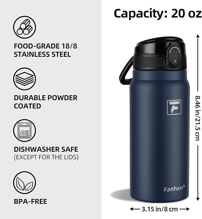 Fanhaw 20 Oz Insulated Stainless Steel Water Bottle with Chug Lid – Wide Mouth, Leak-Proof, BPA-Free – Ideal for Kids, Adults, Sports, Gym, and Outdoor Use (Navy Blue)