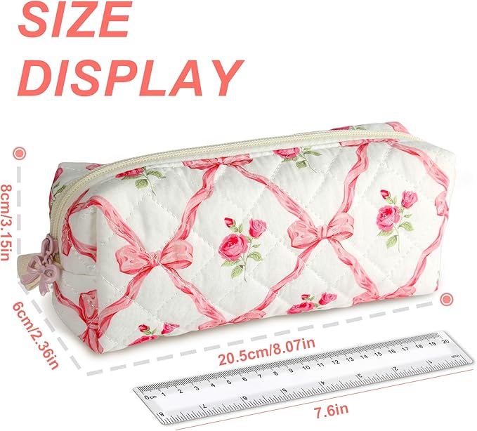 Cute Quilted Pencil Case for Girls Women, Aesthetic Small Floral Pencil Pouch,Slim Soft Pencil Bag for School Supplies Makeup Pouch for School & Daily Use (pink bow)