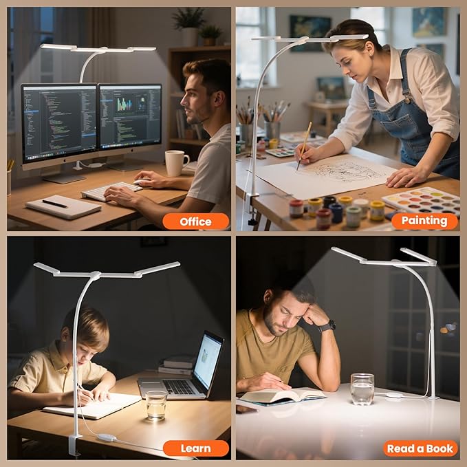 LED Desk Lamp for Office Home, 3 Light Bar Adjustable Desk Light with Clamp, Architect Table Lamp Computer Monitor Lighting, Stepless Dimming Eye-Caring Clip on Light for Workbench Reading Study White