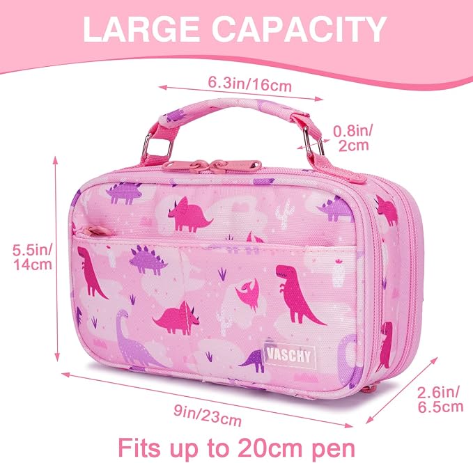 VASCHY Pencil Case for Girls, Aesthetic Kawaii Large Pencil Pouch Stationary Pencil Bag/Box for Preppy Kids, Pen Organizer Holder School Supply Pink Dinos