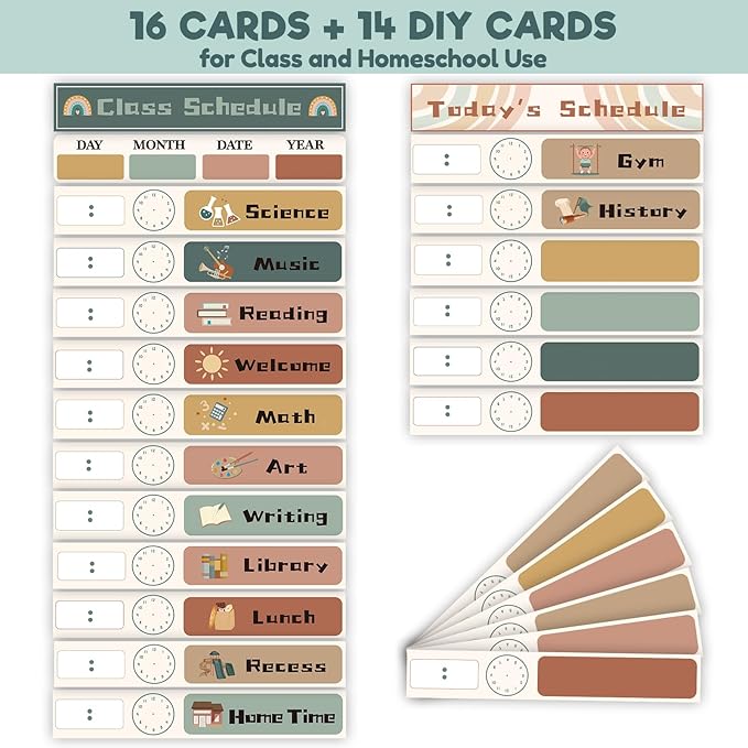Daily Schedule Pocket Chart for Kids Management, 13+1 Pockets with 30 Cards Black Visual Time Reusable Dry-Eraser Schedule, Teacher Supplies for Boho Classroom Homeschool Decor