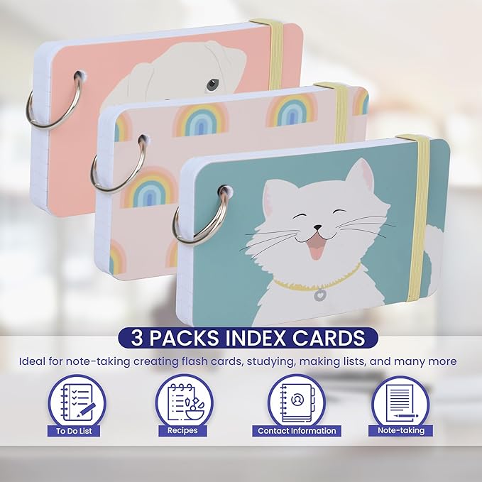 Index Cards 3x5 Inch Ruled Index Card with Ring, Note Taking Ruled Paper for Journaling, Recipe, Flash Cards | Ring Index Card, Elastic Band, Hard Cover, Elegant Designs, 75 Cards - 3 Pack (Style C)