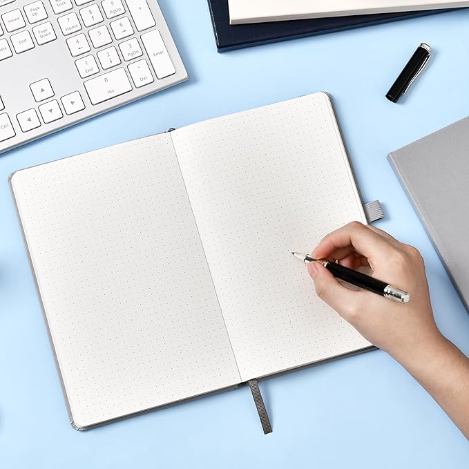 Dotted Journal/Notebook - Dot Grid Hard Cover Notebook, Premium Thick Paper with Fine Inner Pocket, Black Smooth Faux Leather, Pen Loop, 5.3'' x 8.26'' - Light Gray