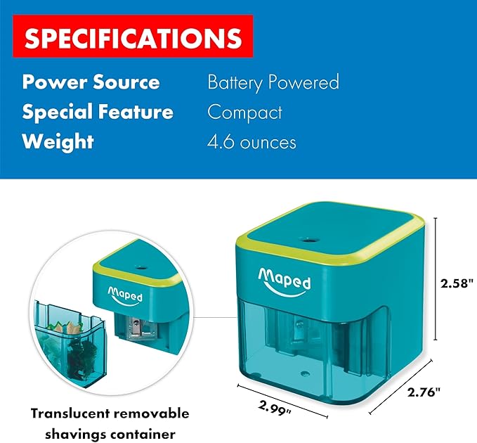 Maped Helix - Compact Battery-Powered Pencil Sharpener - Easy Sharpening - Versatile & Portable - Top Mounted Sharpening Hole