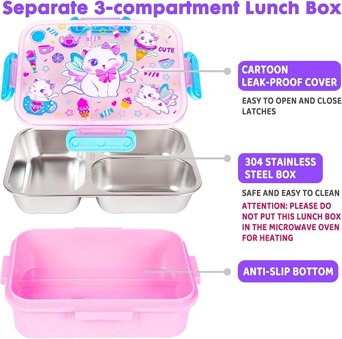 Stainless Steel Bento Lunch Box for Kids, 800ml/27oz BPA-Free Leak-Proof Food Containers with 3 Compartments, Freezer & Dishwasher Safe, Back to School Students Lunches Size for Ages 3-7