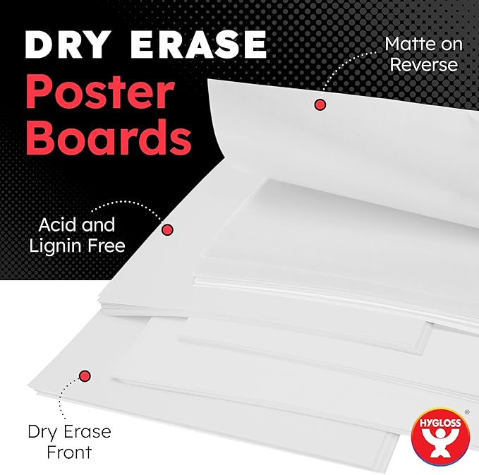 Hygloss Medium Dry Erase Poster Board Paper 11x14 Inch (30 Count) Single-Sided Wall White Board Dry Erase Sheets - 14 Pt. Thick Paper for Home, School, Classroom, Office, Kids Art, Menus Signs, Lists