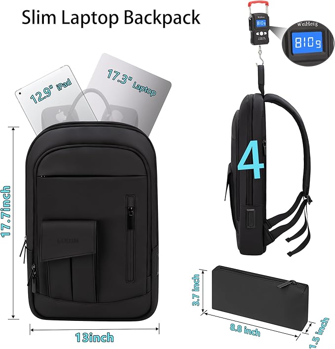 Business Backpack for Men Slim Lightweight Laptop Backpack for 17.3 Inch Computer Water Resistant Small Office Backpack for Commute Travel Daily Office Work with Small Bag (Black, 17.3")