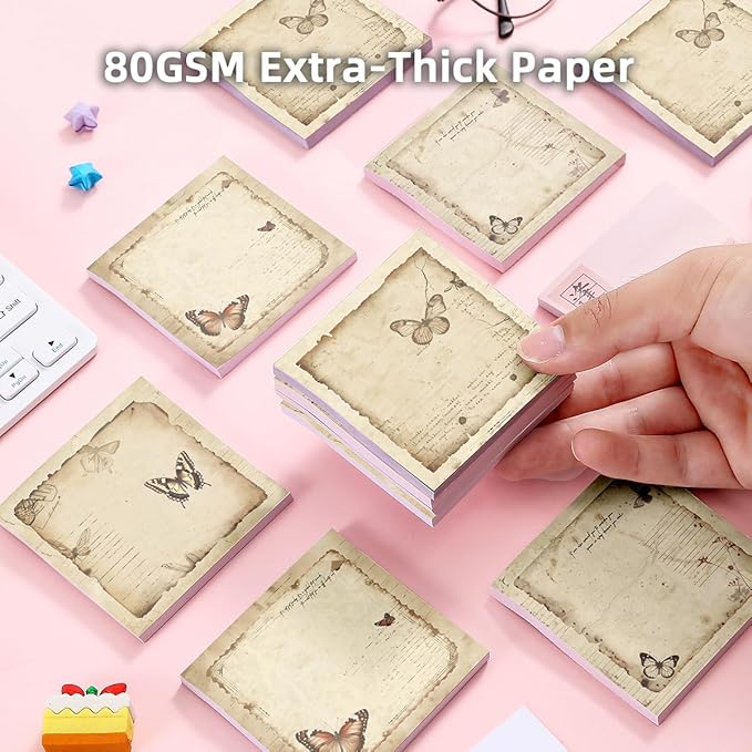 Retro Butterfly 4 Pack/200 Sheets 3x3 inch Sticky Notes Set, Vintage Memo Pads with High-Adhesive, Reusable Tearable Post it Notes for Journal Planners Office School Home, Bulk Stationery Gift