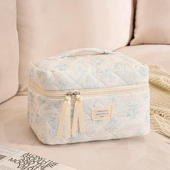 uekeboag Large Travel Quilted Makeup Bag for Women | Soft Floral Cotton Cosmetic Bag, Foldable Coquette Aesthetic Toiletry Organizer