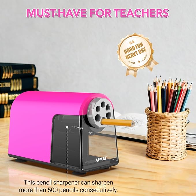 AFMAT Electric Pencil Sharpener for Classroom, 6 Holes, Cordless & Rechargeable, Fast Sharpen, Auto Stop, 10K+ Uses, Heavy Duty Pencil Sharpener for 6-11mm No.2/Large/Colored Pencils PSD2(Pink)
