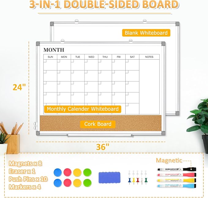 Large Dry Erase Calendar for Wall, 36"x24" Double-Sided Magnetic Whiteboard Calendar with Cork Board, Aluminum Frame Monthly White Board Memo Message Board for Office, Home, School, Kitchen