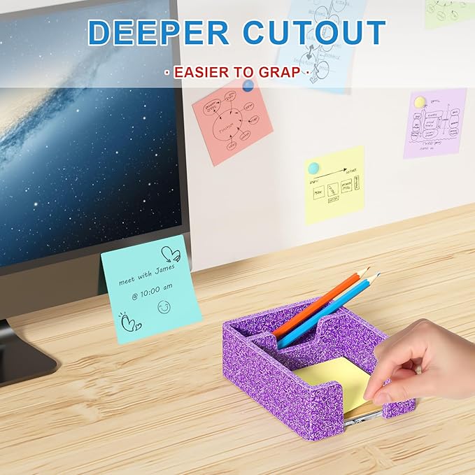 WINFFOR Acrylic Notepad Holder Dispenser - 3x3 in 2IN1 Sticky Note Memo Holder for Desk Organizer (W/O Pads) Office Desk Accessories School Supplies, Glitter Purple