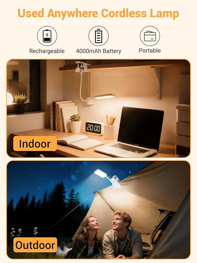Clip on Lamp,9 Brightness+5 Color Clamp Light,4000mAh Battery Rechargeable Desk Lamp with Clamp,450 Lumen 48 LED Desk Light,Cordless Reading Lights for Books in Bed/Headboard/Bedside Table/Dorm Room