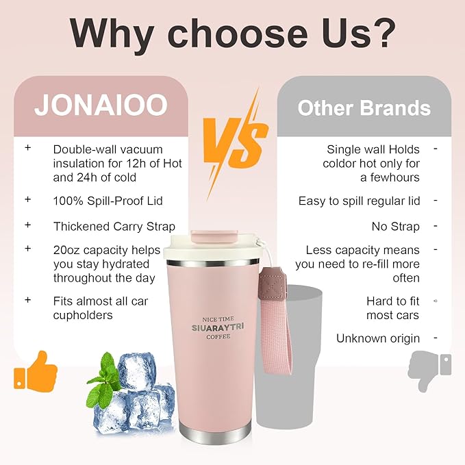 20oz Tumbler Stainless Steel Vacuum Insulated Coffee Travel Mug Reusable Iced Coffee Cup Hot Coffee Travel Mug with lid and straw Cupholder Friendly Leak-Proof BPA Free (Pink)