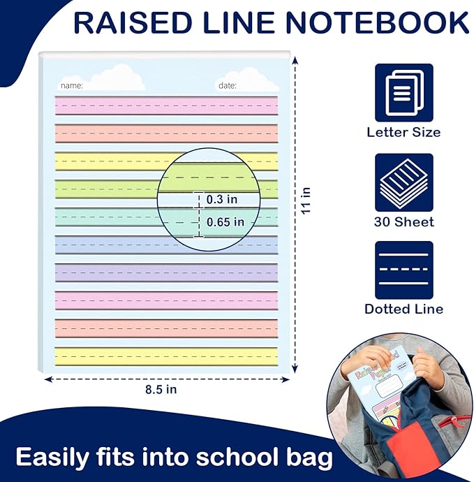 1 Pack 8.5"×11" Raised Lined Writing Paper Pad for Practice 0.65" Spacing Tactile Handwriting Paper Letter Size Multi-Color Write Beginner Paper for Kids ADHD Dysgraphia Kindergarten 30 Sheets/Pad