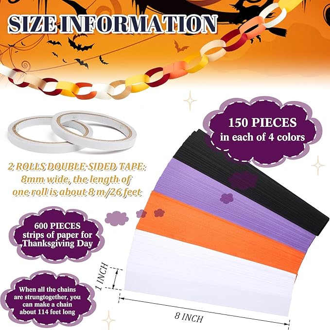 Lincia 600 Sheet Paper Chain Garland Strips 1x8 Inch with Double Sided Tape, DIY Construction Paper Chains for Birthday Wedding Holiday Party Decorations, Crafts Supplies (Purple Black)