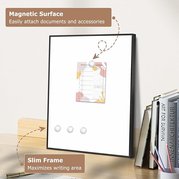 Small Whiteboard, 16'' x 12'' Magnetic White Board Dry Erase Board for Wall, Hanging Black Aluminum Frame Wipe Board for Home, Office, School