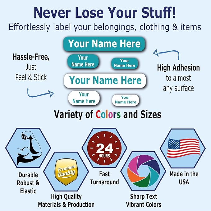 128 Personalized Waterproof Name Labels. Press and Stick Multi use Custom Name Labels. Highly Durable Customized Name Stickers with Permanent Self Adhesive. Great for School, Daycare or Camp
