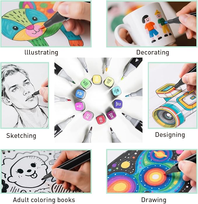 WELLOKB Alcohol Markers Set, 60 colors Alcohol Based Dual Tip, Broad and Brush Tip for Adult Coloring Books, Drawing, Sketching (60)