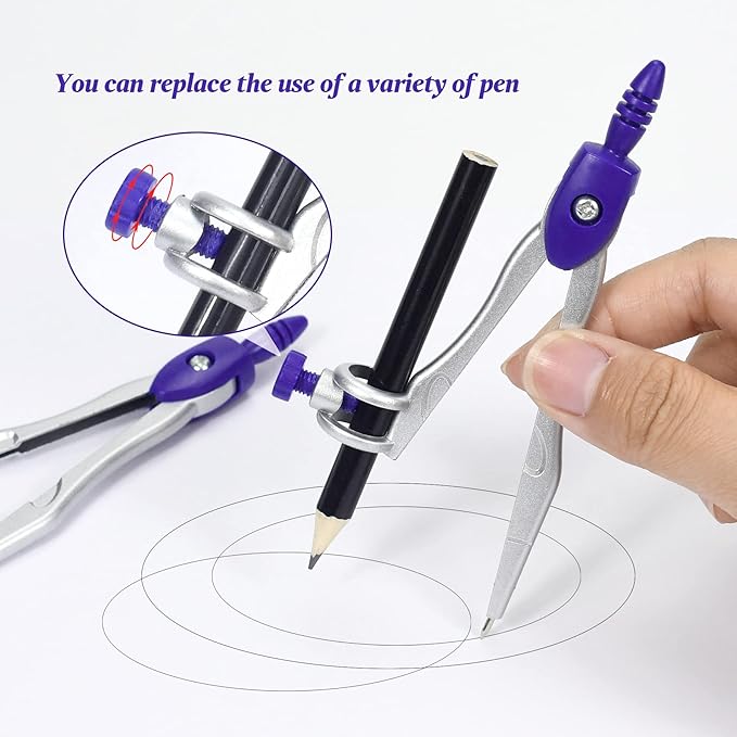 Unjoo Math Geometry Kit Sets 10 Piece Student Supplies with Shatterproof Storage Box,Includes Rulers,Protractor,Compass,Eraser,Pencil Sharpener,Lead Refills,Pencil,for Drafting and Drawings（Purple）
