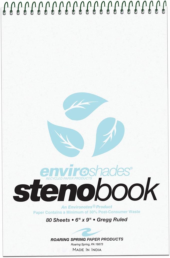 ROARING SPRING Enviroshades Colored Steno Books, 4 Pack of Memo Pads, Recycled Blue Paper, 6" x 9", 80 Sheets, Gregg Ruled, Perforated, Wirebound, Heavy Chipboard Back
