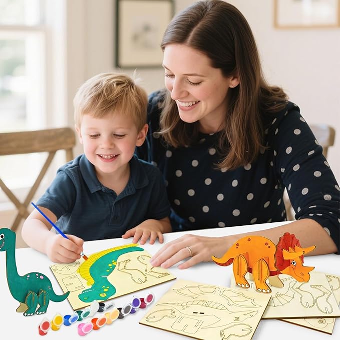 Vileafy Wooden Dinosaur Crafts for Kids Ages 4-8, 3D DIY Painting Kit with 6 Dinosaurs Toys, Brushes & Paint -Arts and Crafts - Preschool Activity and Gift for Boys and Girls