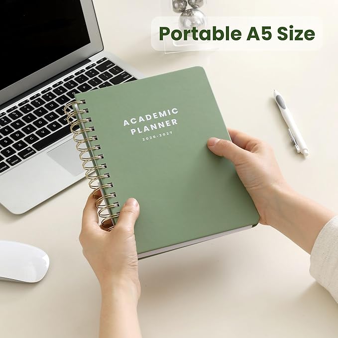Academic Planner Aug 2026-Jul 2027, A5 Size, Student Planner with Monthly & Weekly Layout, Spiral Planner with Tabs, Class Schedule, Major Deadlines & Project Planning (Green)