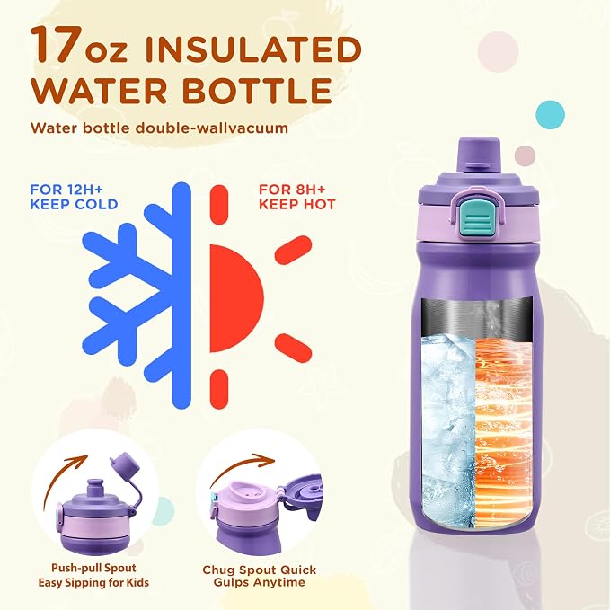 MAISON HUIS Bento Box for Kids with 8oz Soup Thermo, Insulated Lunch Bag & 17oz Water Bottle, 2-Compartment Bento Box with Built-In Ice Pack, Leak-Proof & BPA-Free (Purple)