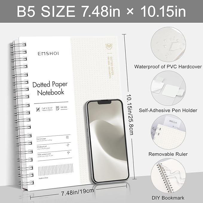 EMSHOI B5 Spiral Dotted Notebook - Dot Grid Journal with 300 Pages of 100gsm Thick Paper, Waterproof Softcover Notebook for Journaling Writing - 7.48”x10.15”, Transparent