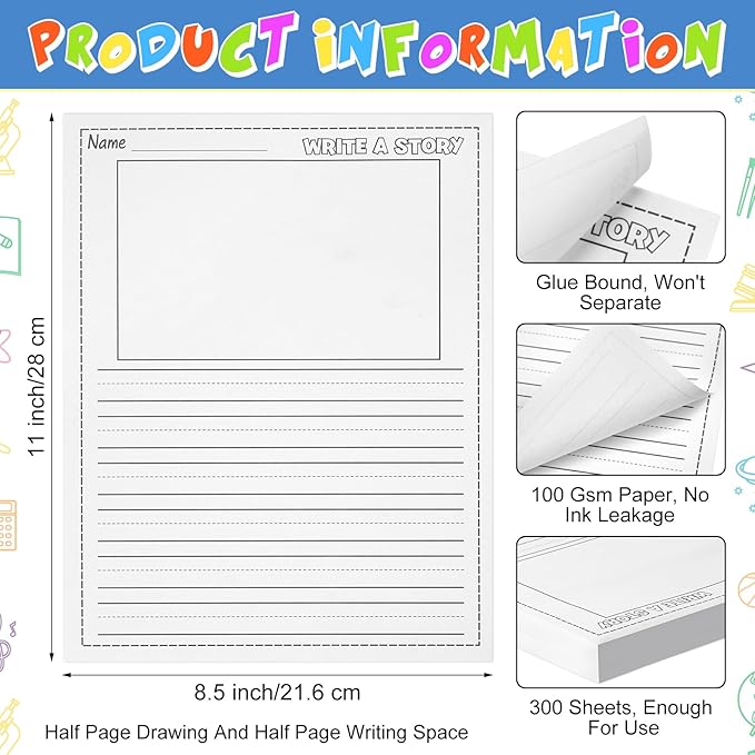300 Sheets Writing Beginner Paper for Kids Create Story, 8.5"x11" Handwriting Paper Bulk with Picture Space and Lines DIY Craft Writing Kit for Kids Journal Activity, Back to School Gifts