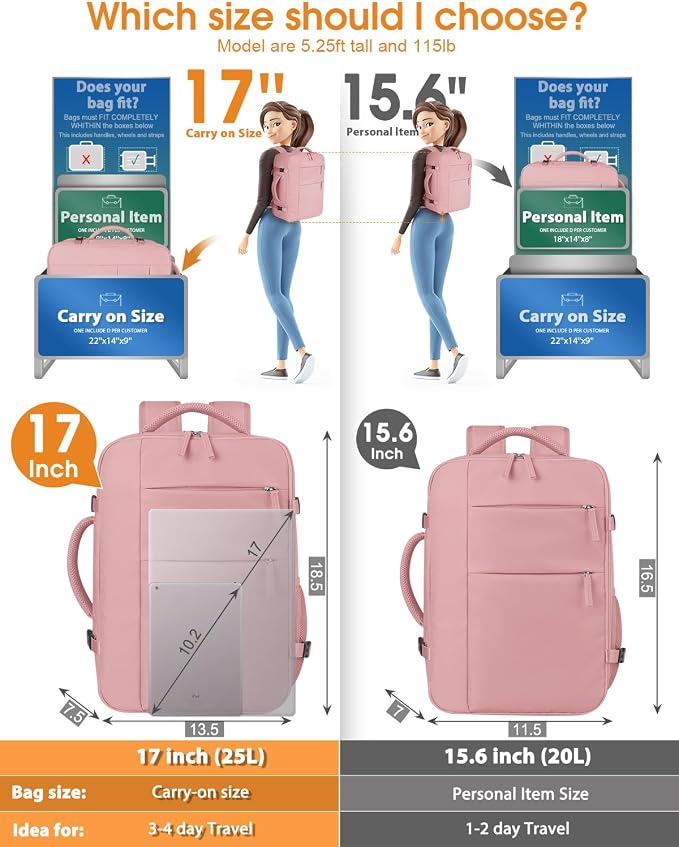 Capolo Travel Backpack for Women Men Waterproof Laptop Backpack Airlines Approved Carry On Backpack Bag Computer Bookbag for Business, Work, Traveling Fits 17 Inch Laptop(Pink)