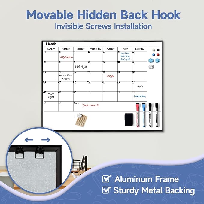 Whiteboard Calendar for Wall Hanging, 24" x 18" Magnetic Dry Erase Calendar Board with Black Aluminum Frame, Wall Mounted Large Monthly Planner Reminder for Office Home School