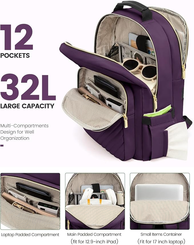 LOVEVOOK Laptop Backpack for Women, Travel Computer Work Bags with 17-inch Laptop Compartment, College School Student Bag Teen Backpacks For Girls, Outdoor Carry On Backpack Purse, Deep Plum
