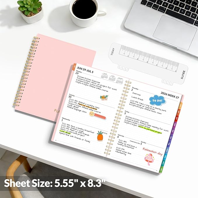 SUNEE Academic Planner 2026-2027 – Weekly & Monthly Planner, July 2026 to June 2027, 6.4"x8.3", Thick Paper, Tabs, Pockets, Bookmark, Spiral-Bound, Student Teacher Organizer, Pink