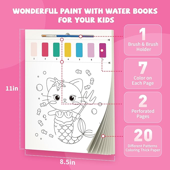 Gocozer 2PCS Paint with Water Books for Kids, Unicorn & Mermaid Watercolor Paint Book Set for Kids,Toddlers Water Color Coloring Painting Drawing Set,Mess Free Toys Gifts for Girls Age 3 4 5 6 7 8