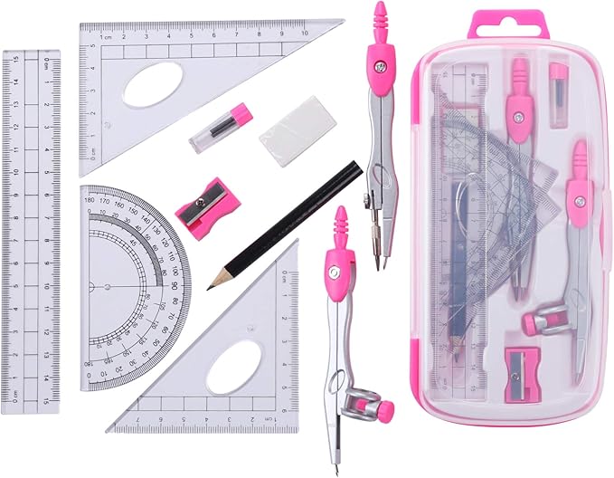 Unjoo Math Geometry Kit Sets 10 Piece Student Supplies with Shatterproof Storage Box,Includes Rulers,Protractor,Compass,Eraser,Pencil Sharpener,Lead Refills,Pencil,for Drafting and Drawings（Pink）