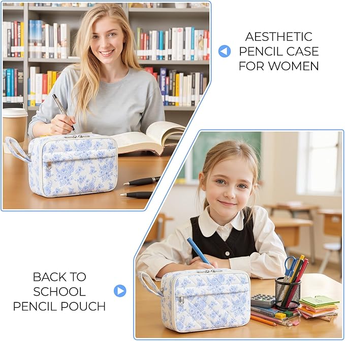WOBAGMEN Quilted Pencil Pouch for Girls Women, Large Pencil Case Pouch with Compartments Cute Aesthetic Pencil Case Organizer, Floral Pencil Bag for School Supplies (Elegant Blue Floral)