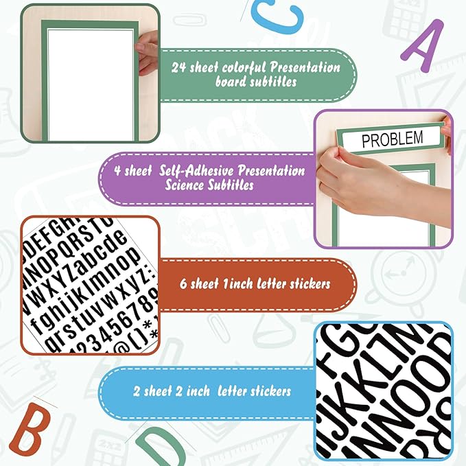 PerKoop 36 Sheets Science Fair Board Poster Boards Supplies 24 Self Adhesive Presentation Subtitles 4 Science Fair Project Titles 8 Personalized Letter Sticker for Classroom(Boho Color)