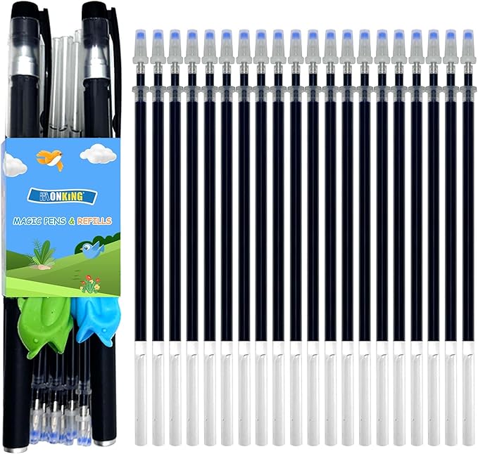 Monking 20Pcs Magical Pen Refills Reusable Magic Practice Copybook,Drawing Pen of Invisible Ink, (20 pcs Blue Refills +2 Pens)