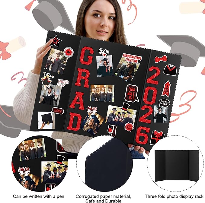 MiniInflat 4 Set 2026 Graduation Picture Trifold Poster Board Double-sided Foldable Photo Display Board Graduation Decoration for Class of 2026 High School College DIY Craft(Black Red,24 x 32 Inches)