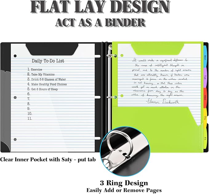 INFUN All-in-one Telescoping Binder Notebook, Refillable 3 Ring Notebook Binder with 1 Plastic Movable Pocket Folder,5 Plastic Subject dividers and Graph Paper and College Ruled Paper- Black