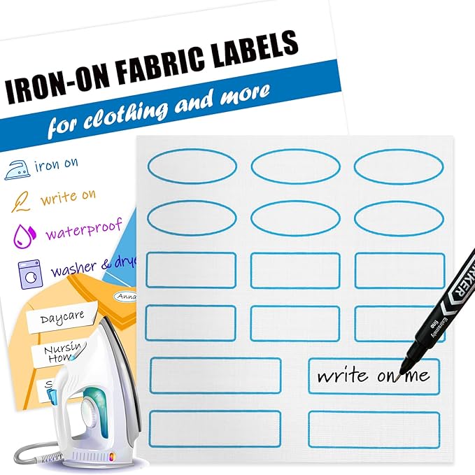128 Pcs Writable Iron on Name Tags for Clothing, Fabric Labels for Nursing Home & Daycare, Washer and Dryer-Safe