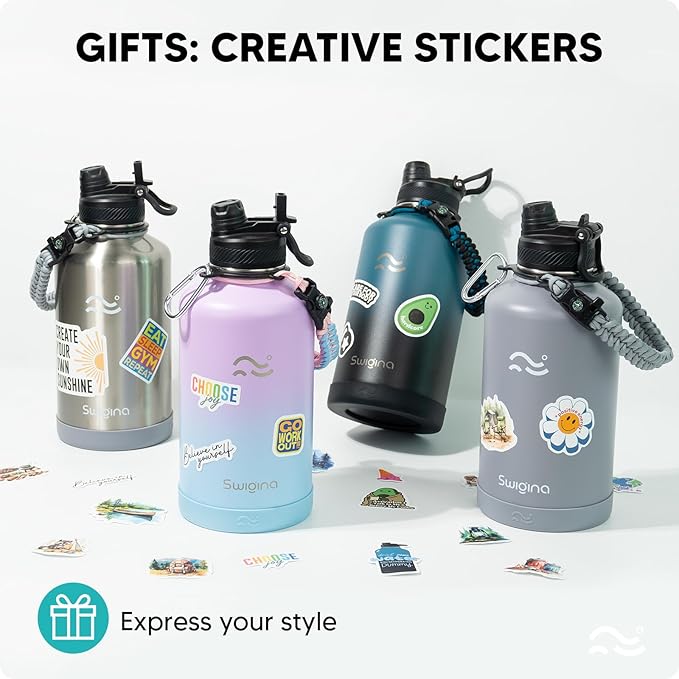 Swigina] 64 oz Insulated Water Bottle with Silicone Boot (48hrs Cold/24hrs Hot) - DIY Stickers, Leakproof, BPA Free, Half Gallon [2-IN-1 LID