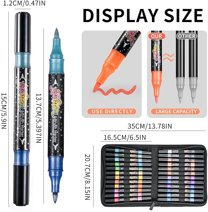 48 Colors Glitter Brush Markers,24 Pack Dual Tip Brush Glitter Marker for Doodle Writing, Glitter Art Crafts Adults DIY Crafts Greeting Birthday Cards Making