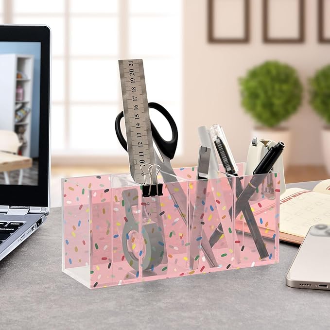 Aslsiy Colorful Confetti Sprinkle Pink Pen Holder for Women 4 Compartments Acrylic Pencil Holder Clear Makeup Brush Holder Desk Organizer Office Supplies