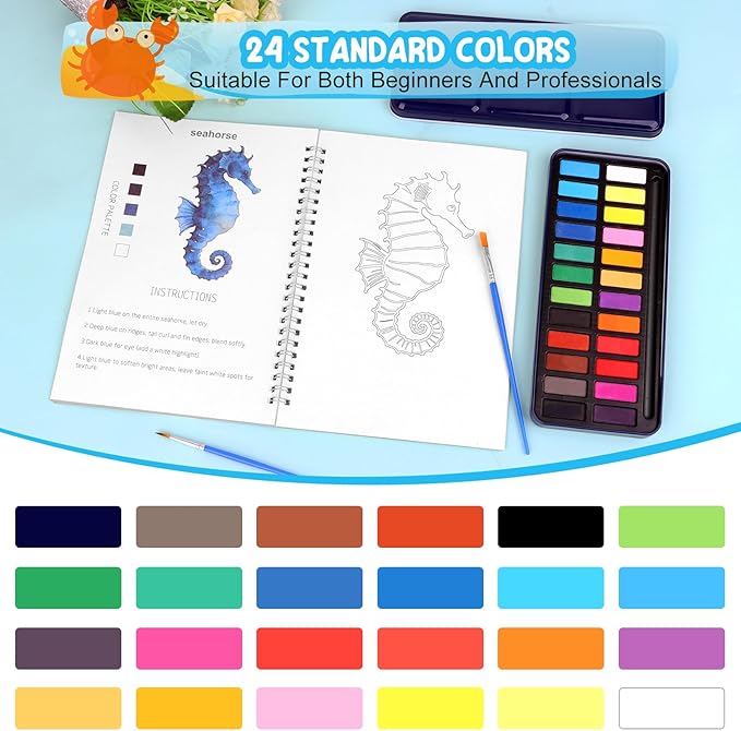 Ocean Watercolor Workbook for Beginners with 24 Colors Paint Set – Water Coloring Book with 12 Ocean Designs, Step-by-Step Painting Guide, Relaxing Watercolor Workbook Art Kit for Adults