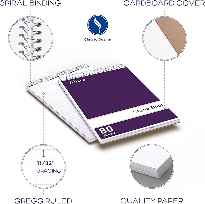 Alitte Steno Pads Spiral 6x9-24 Pack Regular Colors - Perfect for Work, School, and Home Use, Easy Tear-Off Pages, Gregg ruled, White Paper - No Ink Bleeds - 80 Sheets