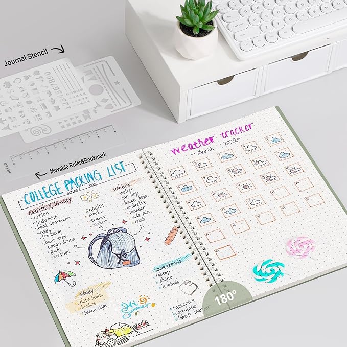 AHGXG Dotted Journal - Dot Grid Spiral Notebook B5, 140 Pages, 100 GSM Thick Paper, Waterproof Plastic Cover Journals for Bullet Journaling, Sketching, 7.6" x 10", Sage Green