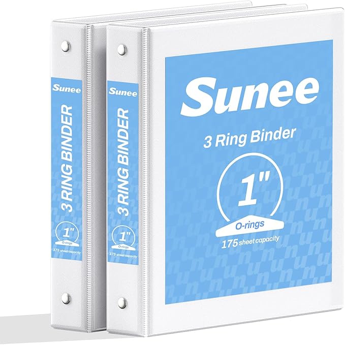 SUNEE 3 Ring Binder 1 Inch 2 Pack, Clear View Binder Three Ring PVC-Free (Fit 8.5x11 Inches) for School or Office Supplies, White