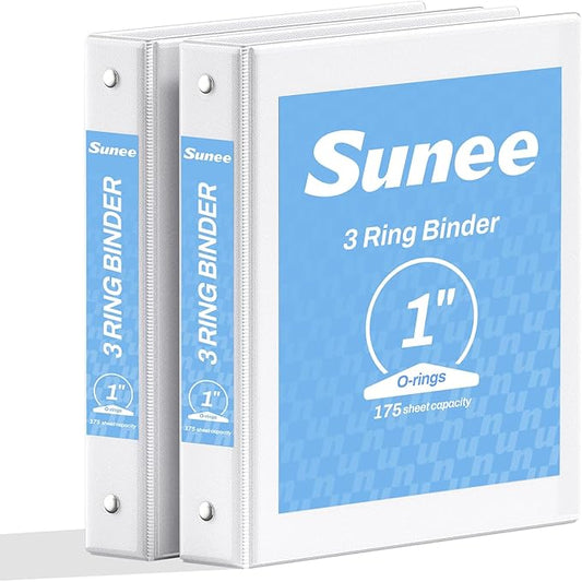 SUNEE 3 Ring Binder 1 Inch 2 Pack, Clear View Binder Three Ring PVC-Free (Fit 8.5x11 Inches) for School or Office Supplies, White